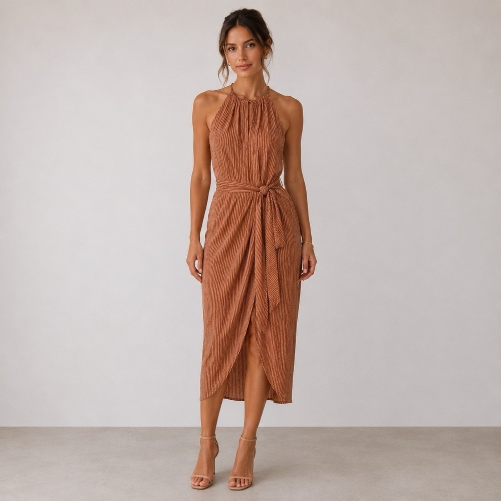 Lulus Medium Burnt Orange Striped Halter Wrap Tie Back Summer Sundress Stretchy
